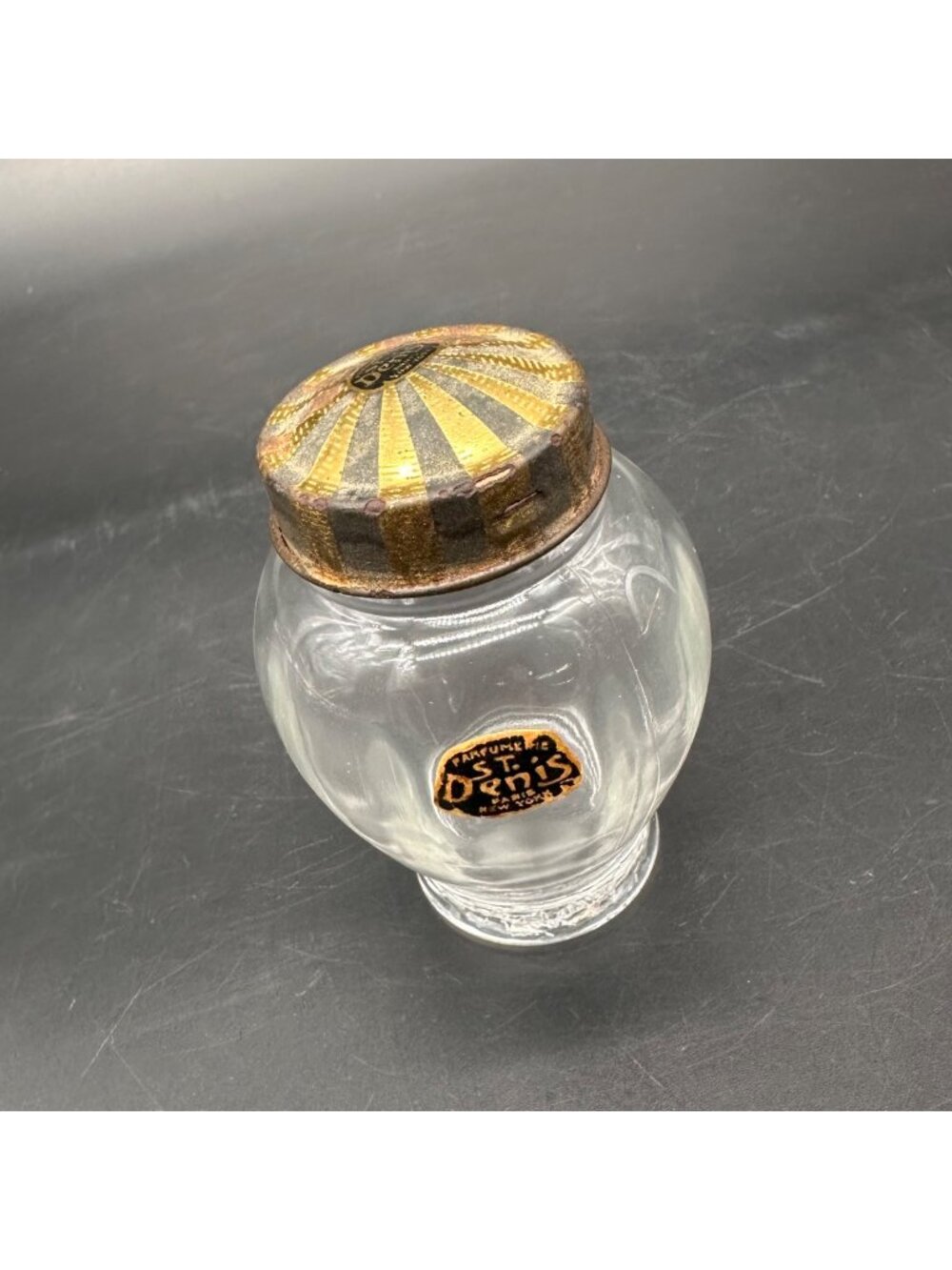 Antique St Denis Perfume Art Deco Glass Jar Striped Metal Lid Parfume Vintage